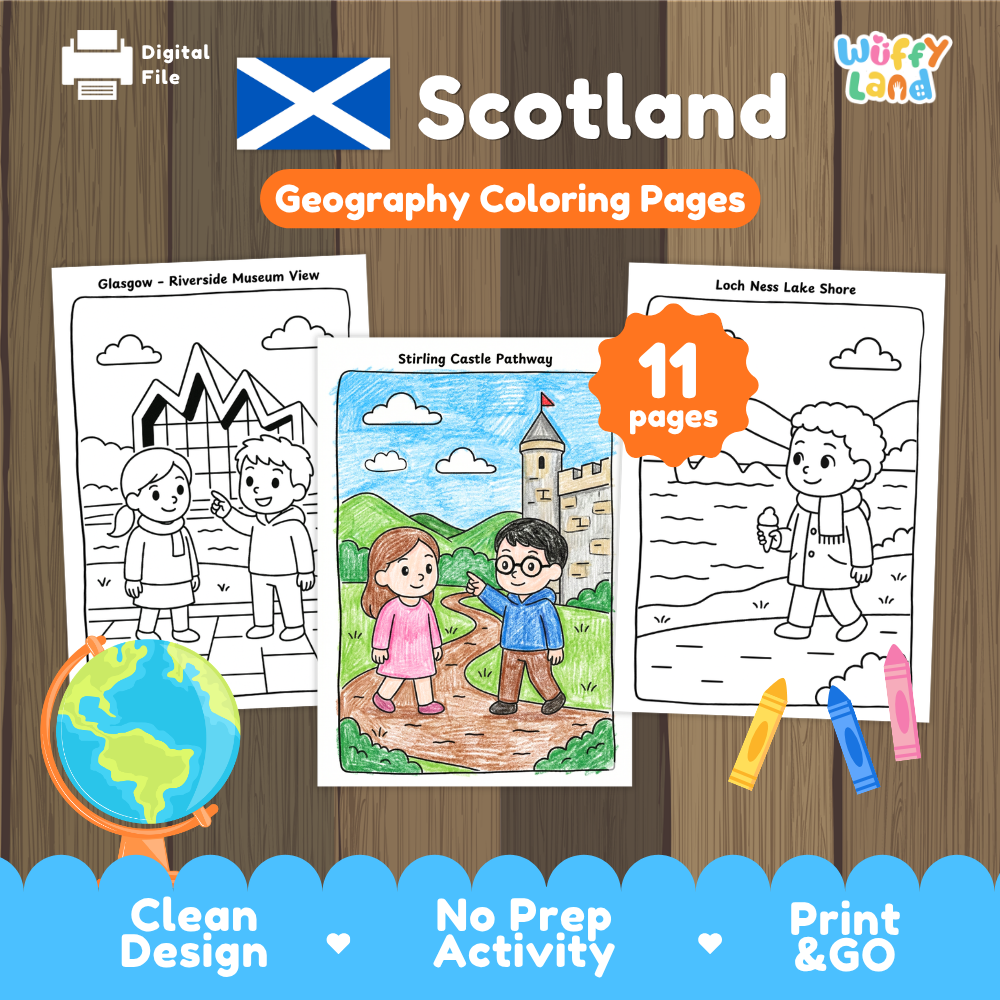Stirling Castle pathway coloring pages paired with photo flashcards of Glasgow Cathedral, Scottish bagpipes, Glenfinnan Viaduct, and Edinburgh Castle