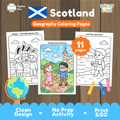 Stirling Castle pathway coloring pages paired with photo flashcards of Glasgow Cathedral, Scottish bagpipes, Glenfinnan Viaduct, and Edinburgh Castle