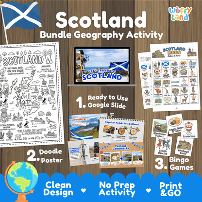 Complete Scotland geography activity bundle featuring Google Slides, doodle coloring poster, and classroom bingo games 🏴󠁧󠁢󠁳󠁣󠁴󠁿🎒