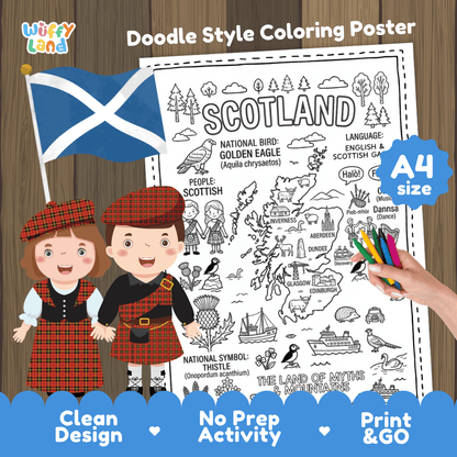 Scotland country study doodle style coloring poster printable page featuring map, landmarks, and cultural symbols