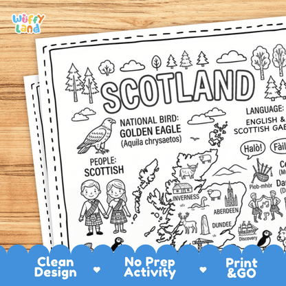 Cultural coloring page featuring traditional Scottish Highland dress, bagpipes, Highland dancing, and Gaelic greeting speech bubbles