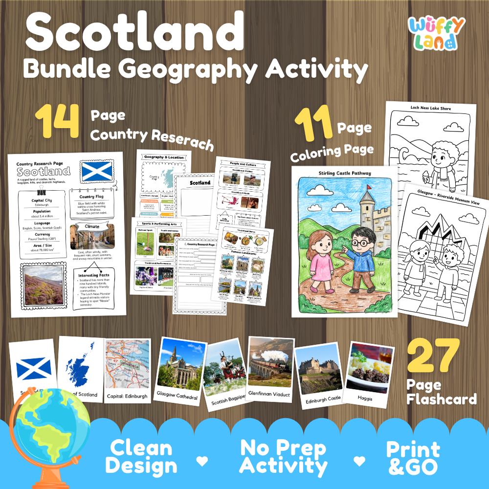 Scotland geography activity bundle cover showing 14 country research pages, 11 coloring pages, and 27 photo flashcards