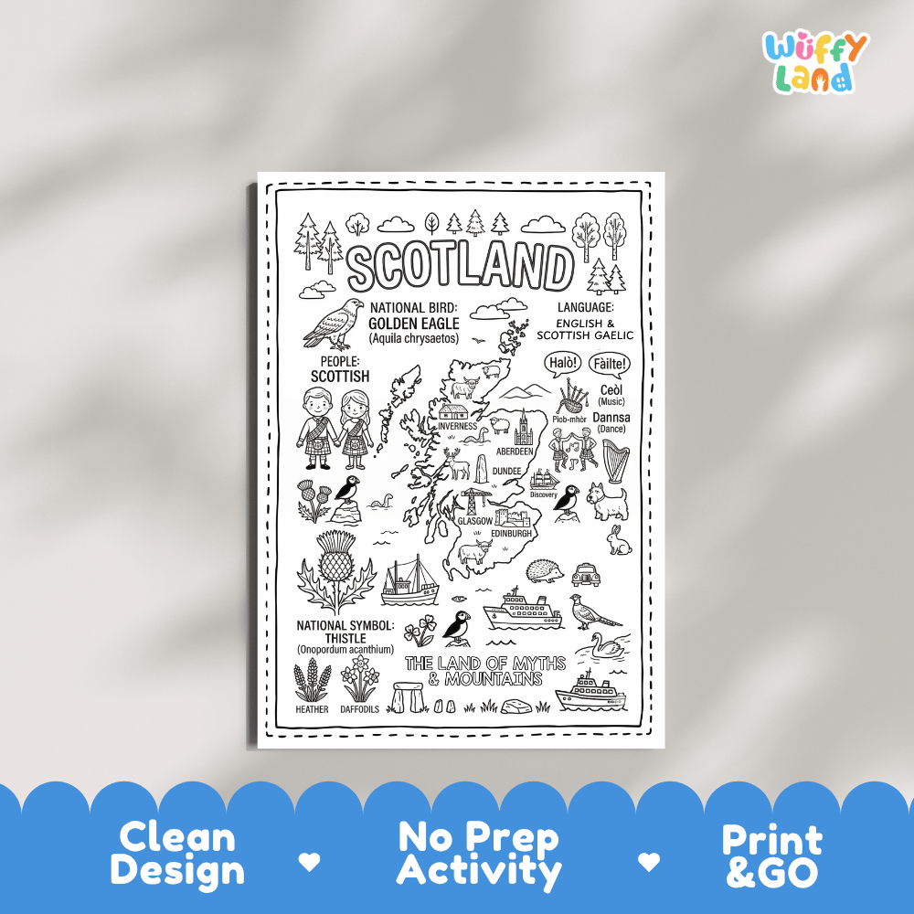 Educational activity coloring page highlighting Scotland's national bird the Golden Eagle, Thistle flower, and Highland cow