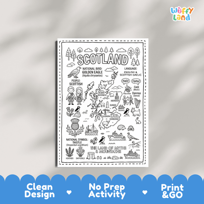 Educational activity coloring page highlighting Scotland's national bird the Golden Eagle, Thistle flower, and Highland cow