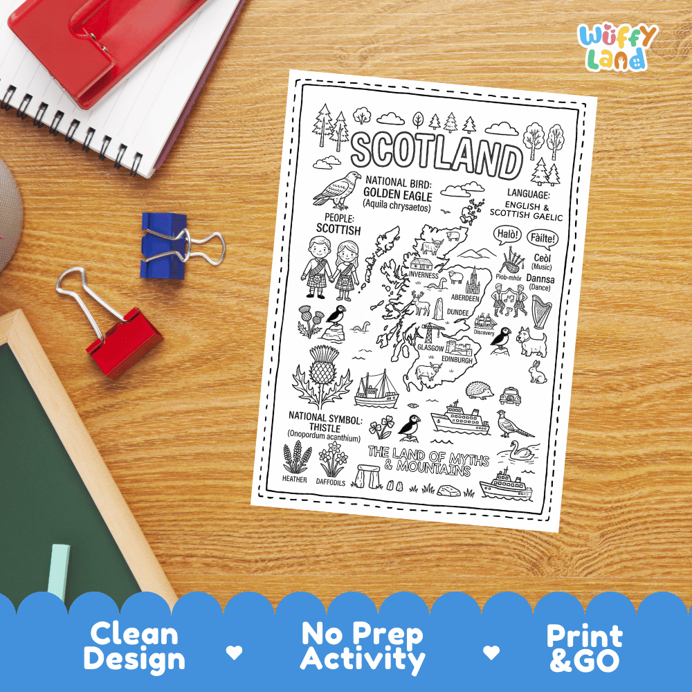 Doodle map coloring sheet showing Scotland, Edinburgh Castle, Glasgow, Inverness, Loch Ness, and Dundee