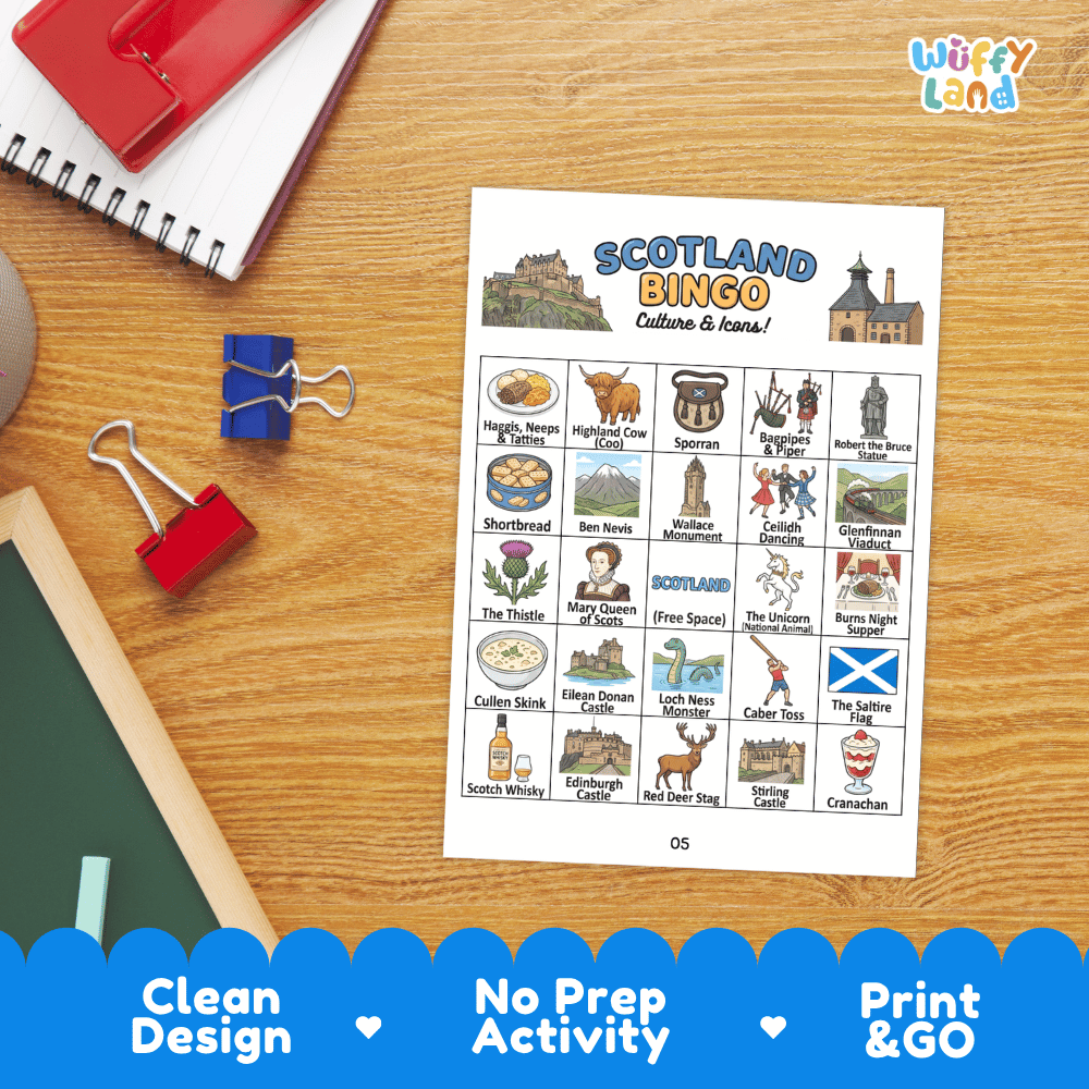 Scotland Geography BINGO Game Culture and Icons Activity Printable Boards