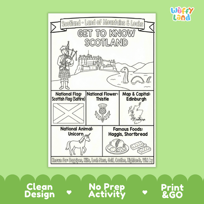 Scotland Geography Coloring Poster and Fact Sheet Printables