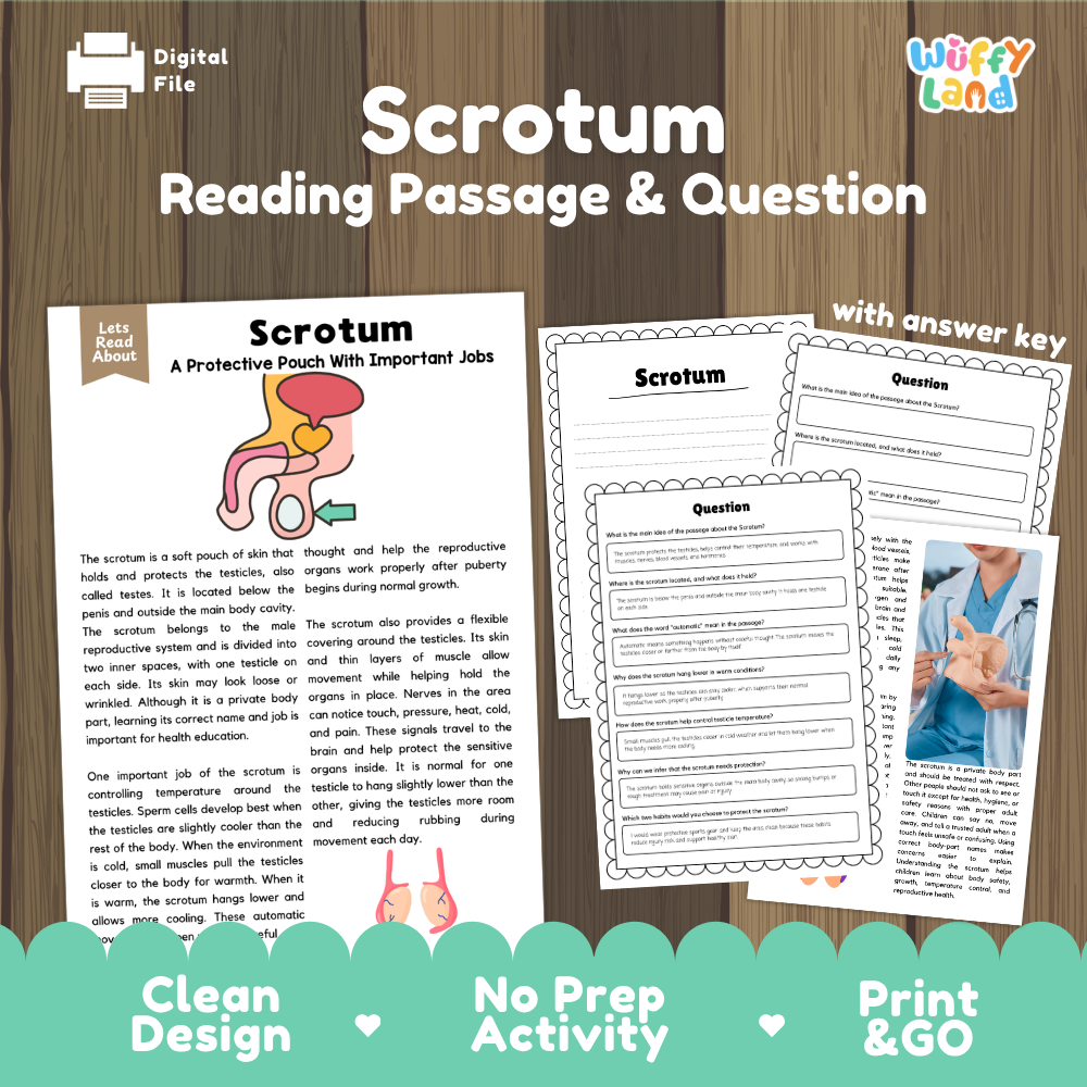 Scrotum reading comprehension passage and questions printable activity pack with answer key for elementary students