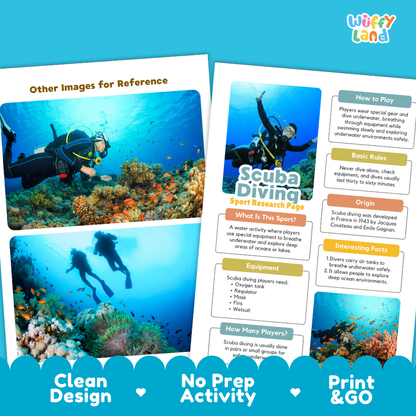 Scuba Diving Water Sport Research Project Worksheets and Fact Sheet
