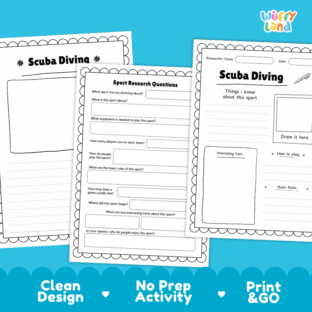 Scuba Diving Water Sport Research Project Worksheets and Fact Sheet