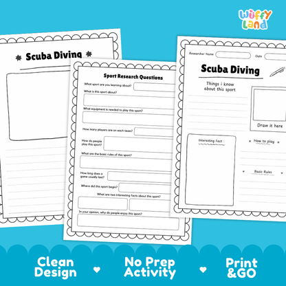 Scuba Diving Water Sport Research Project Worksheets and Fact Sheet