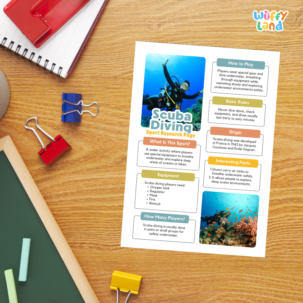 Scuba Diving Water Sport Research Project Worksheets and Fact Sheet
