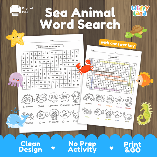 Sea Animal Word Search with answer key printable ocean vocabulary and coloring activity pack overview from Wuffy Land 🌊🐬