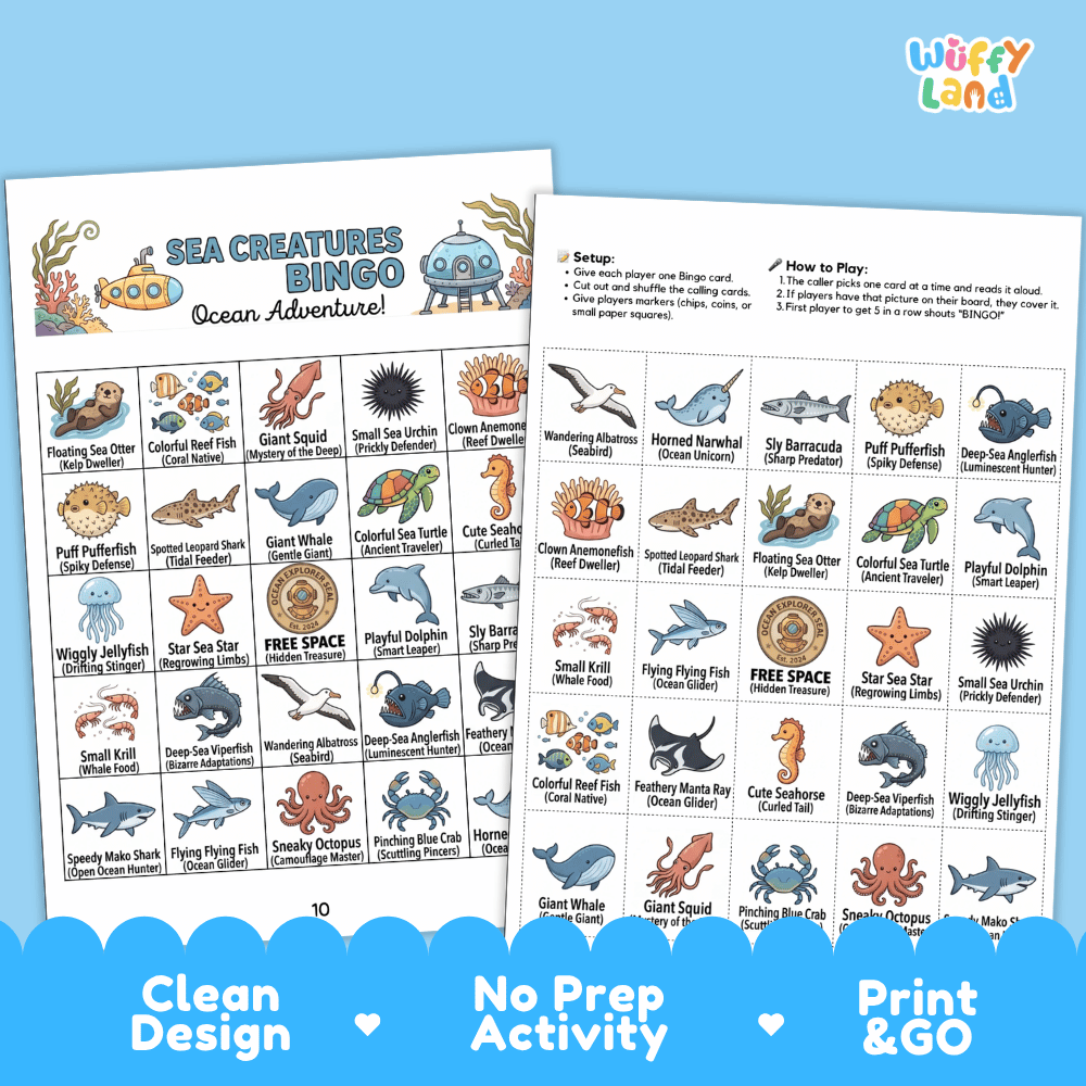 Sea Creatures Bingo Games Printable Ocean Adventure Activities