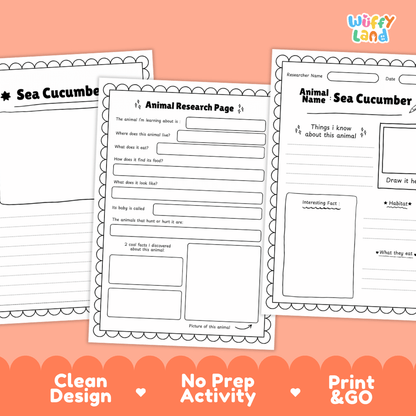 Sea Cucumber Animal Research Worksheets and Informational Fact Sheets