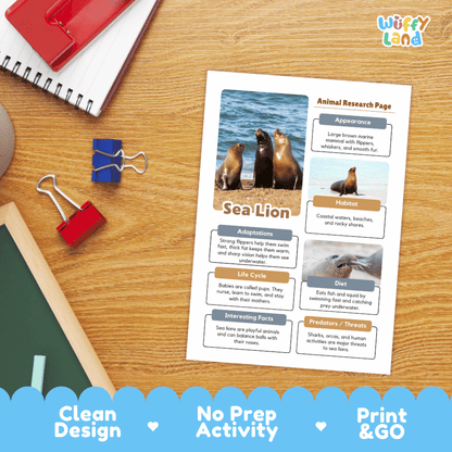 Sea Lion Animal Research Page Worksheets