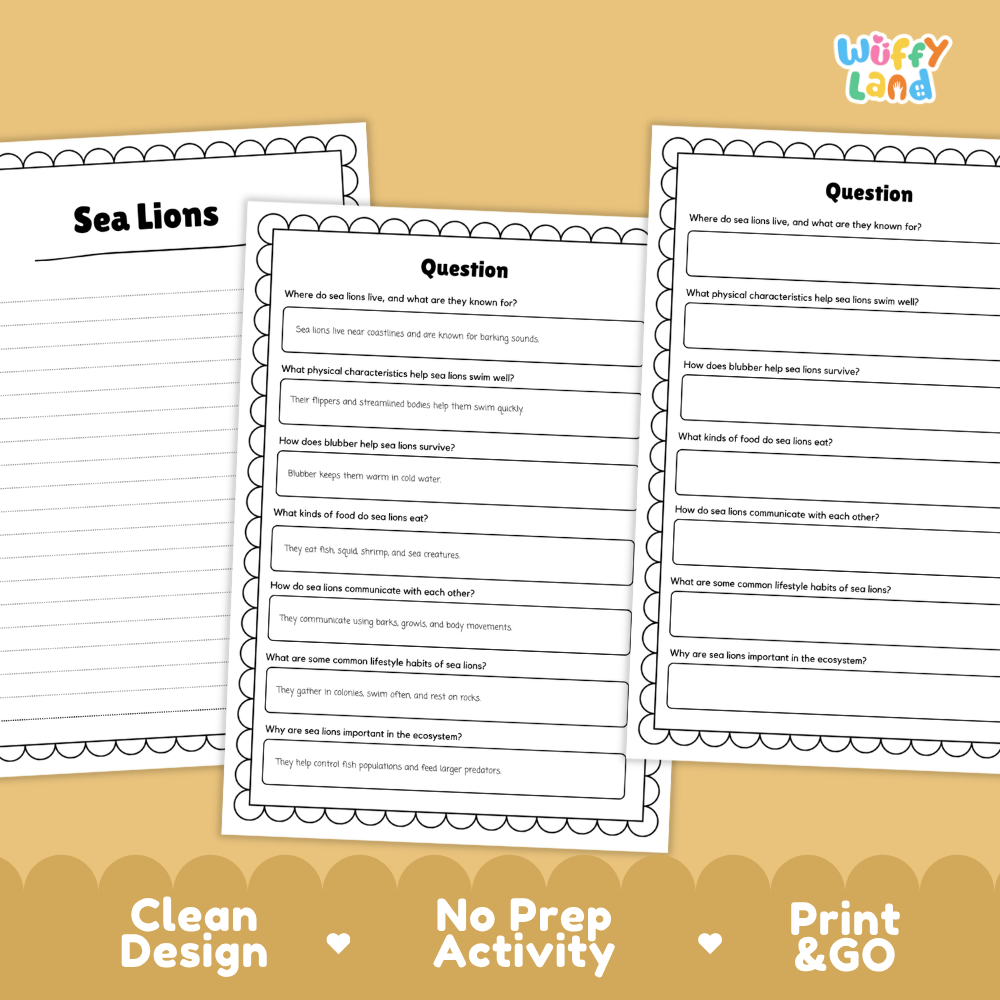 Sea Lion Reading Passage and Comprehension Questions with Answer Key Worksheets