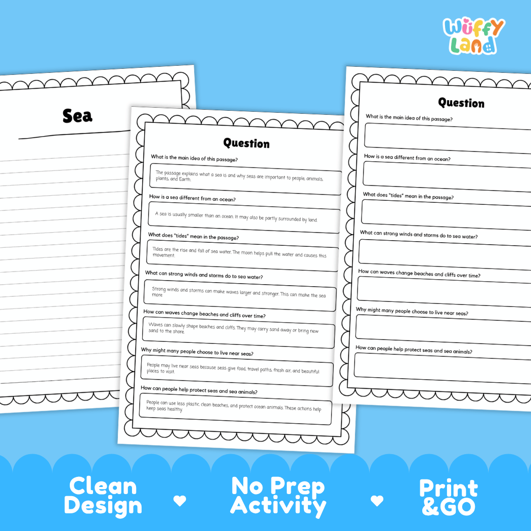 Three printable worksheet pages for an ocean-themed reading activity, shown on a blue background with decorative clouds and text reading 'Clean Design', 'No Prep Activity', and 'Print & GO'. The pages include headings like 'Sea', 'Question', and writing lines for comprehension.