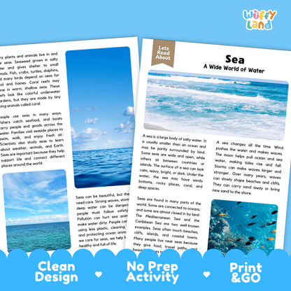 Two printed educational activity cards about the sea, shown on a white background with a 'Wuffly Land' logo in the top right. The cards are blue with black text and include printed illustrations of sea creatures and waves.