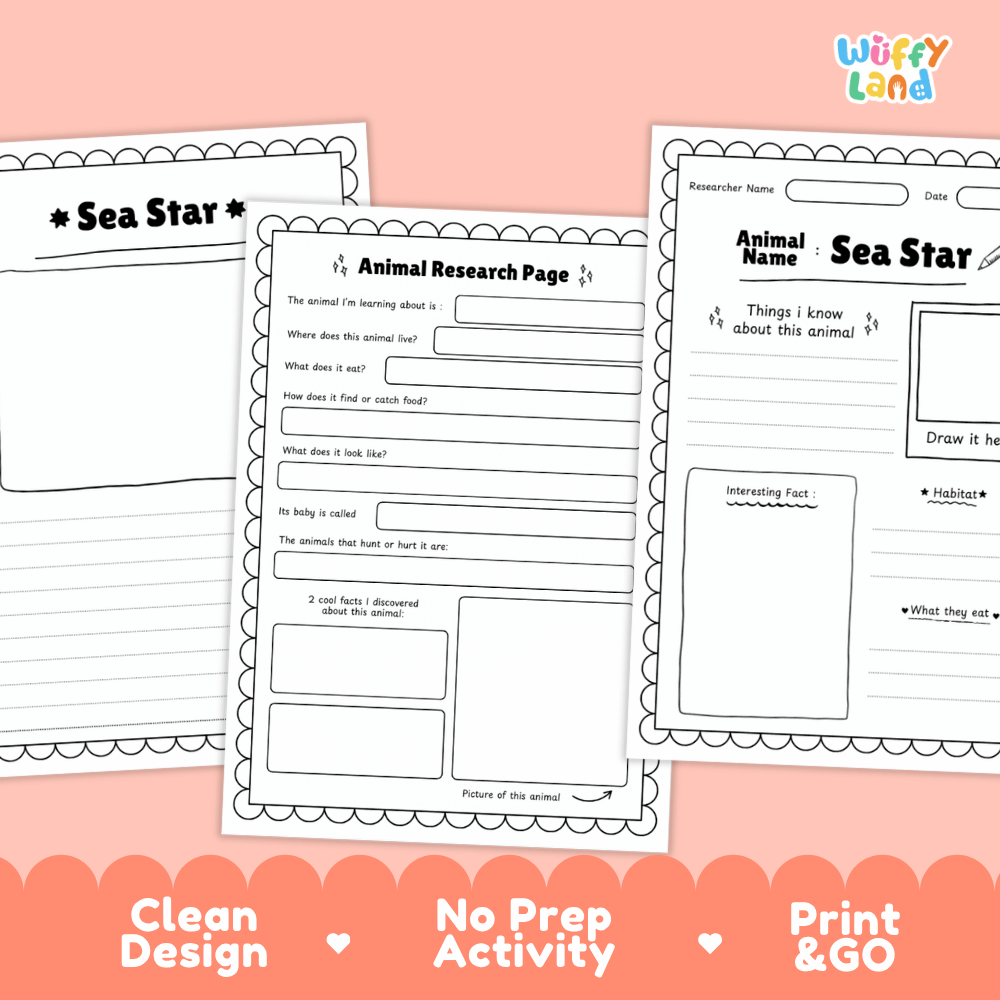 Three printable worksheet pages for sea star animal research are shown on a peach background with promotional text at the bottom. The pages include writing prompts, fact boxes, and a drawing area, with the Wiffy Land logo in the top right.
