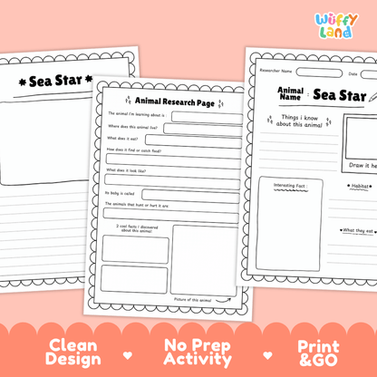 Three printable worksheet pages for sea star animal research are shown on a peach background with promotional text at the bottom. The pages include writing prompts, fact boxes, and a drawing area, with the Wiffy Land logo in the top right.