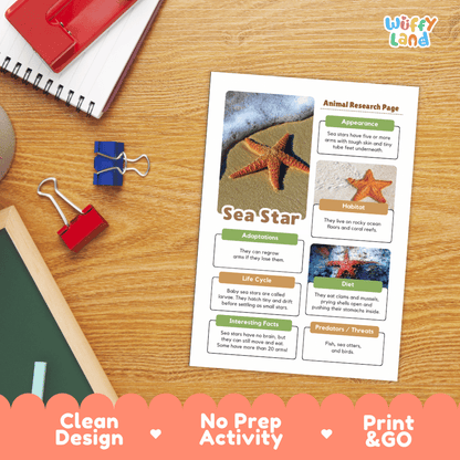 A printed educational activity sheet about sea stars laid on a wooden desk, surrounded by school supplies including a spiral notebook, binder clips, and a red notebook. The sheet has colorful text boxes, a starfish photo, and the title 'Sea Star.