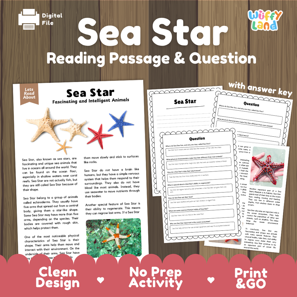 Sea Star Reading Passage and Comprehension Questions Worksheets