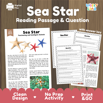 Sea Star Reading Passage and Comprehension Questions Worksheets
