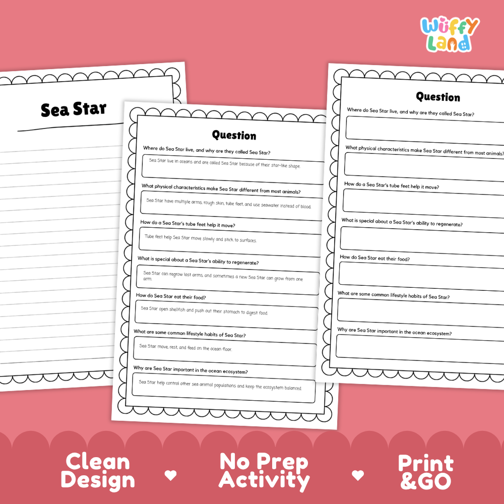 Sea Star Reading Passage and Comprehension Questions Worksheets