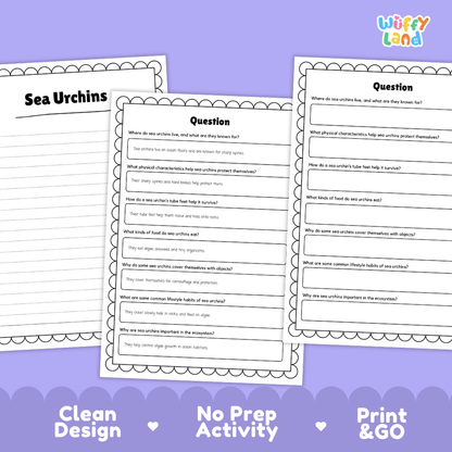 Three printable worksheet pages about sea urchins on a lavender background, with the title 'Sea Urchins' on the left sheet and activity question prompts on the center and right sheets. The brand name 'Wiffly Land' appears in the top right corner.