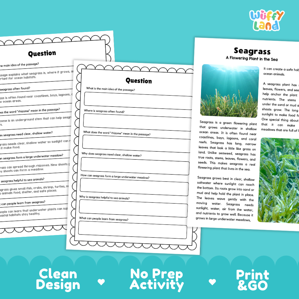 Seagrass Plant Reading Passages Worksheets and Comprehension Activity