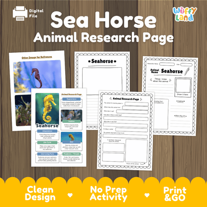Digital preview of a 'Sea Horse Animal Research Page' activity sheet set by Wiffy Land, displayed on a wood-grain background with a yellow banner at the bottom highlighting key features.