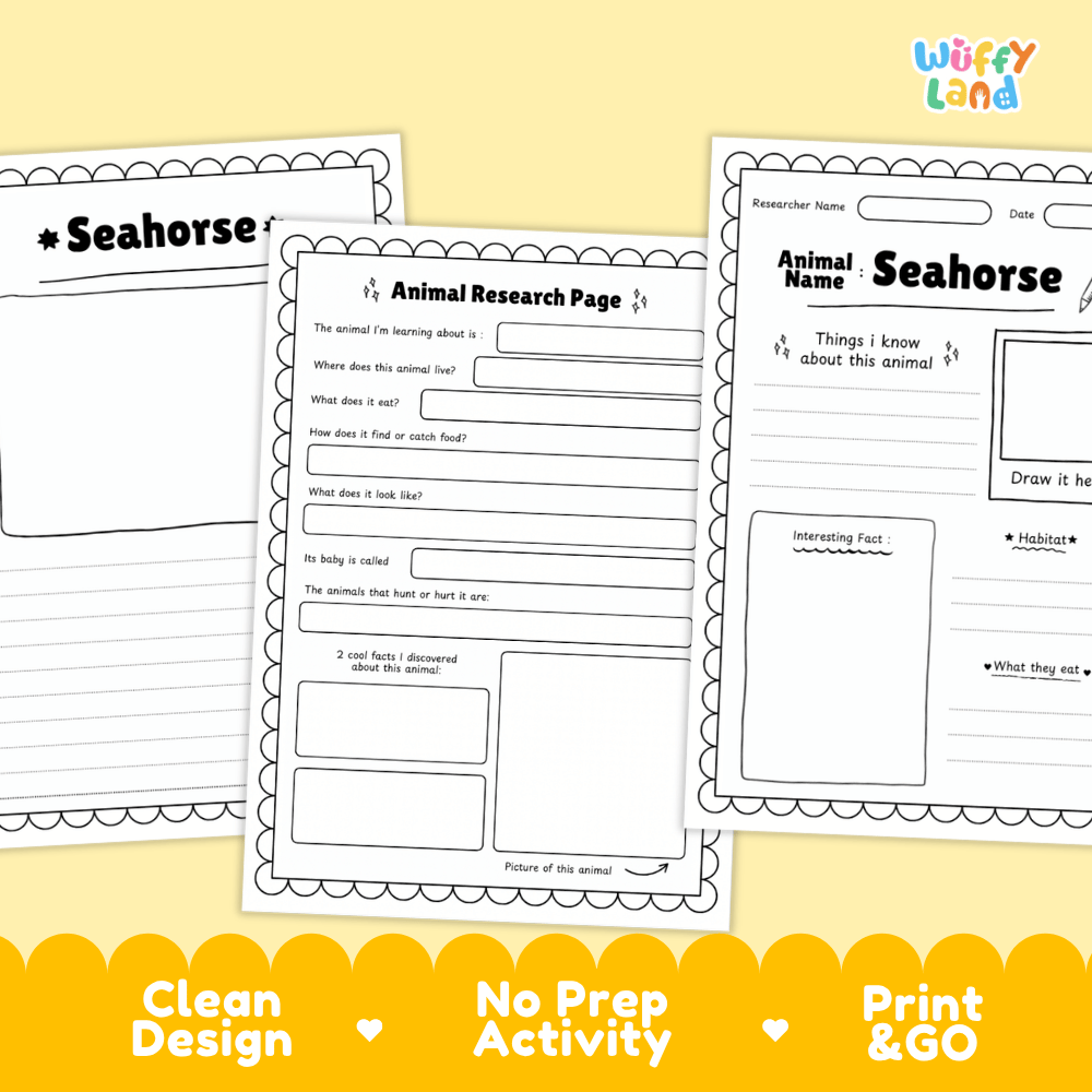 Three printable worksheet pages for researching a seahorse are shown on a pale yellow background with a yellow banner at the bottom reading 'Clean Design', 'No Prep Activity', and 'Print & GO'. The top-right corner shows the brand name 'Wiffly land'.