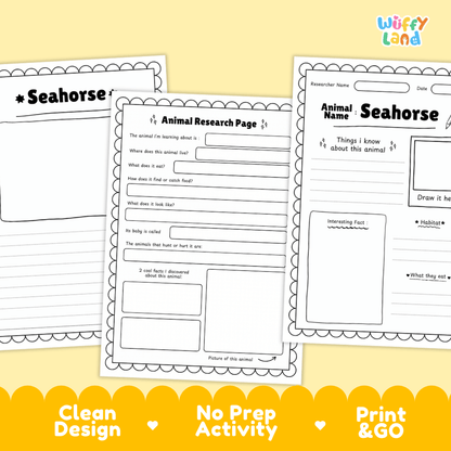 Three printable worksheet pages for researching a seahorse are shown on a pale yellow background with a yellow banner at the bottom reading 'Clean Design', 'No Prep Activity', and 'Print & GO'. The top-right corner shows the brand name 'Wiffly land'.