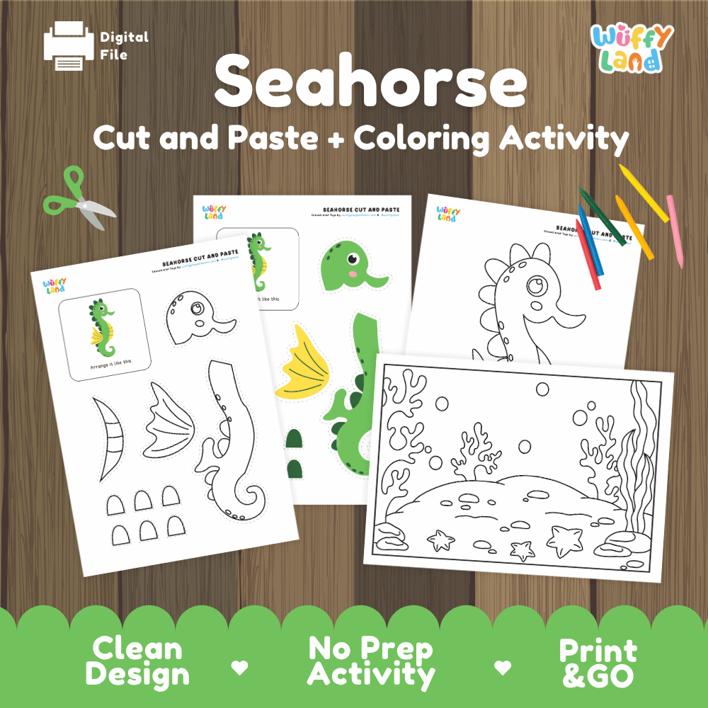 Seahorse Cut and Paste Craft and Coloring Pages Activity Worksheets