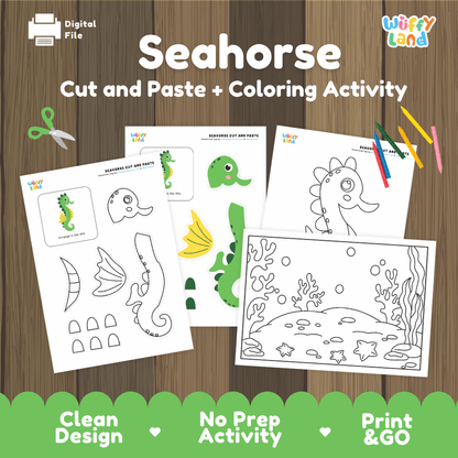 Seahorse Cut and Paste Craft and Coloring Pages Activity Worksheets