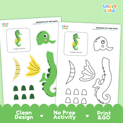 Seahorse Cut and Paste Craft and Coloring Pages Activity Worksheets