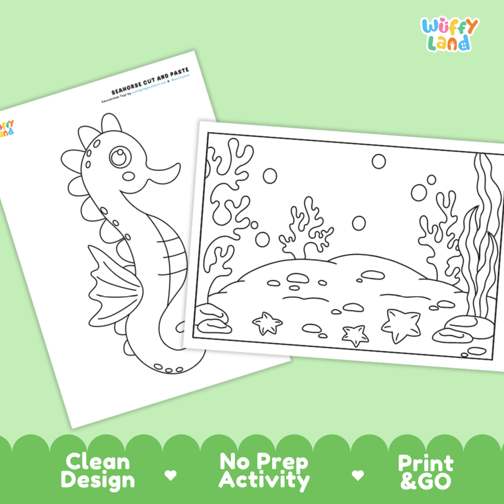 Seahorse Cut and Paste Craft and Coloring Pages Activity Worksheets