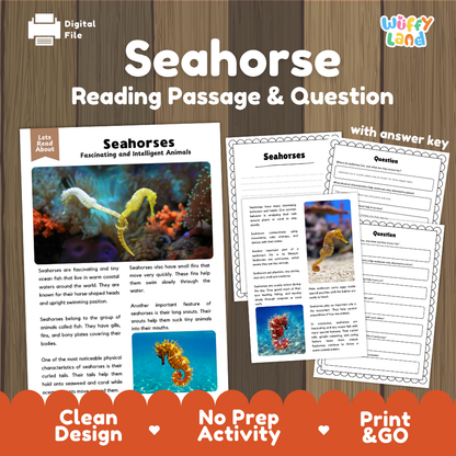 Digital reading activity bundle for 'Seahorses' featuring a reading passage, comprehension questions, and an answer key, displayed on a wood background with promotional text at the bottom.