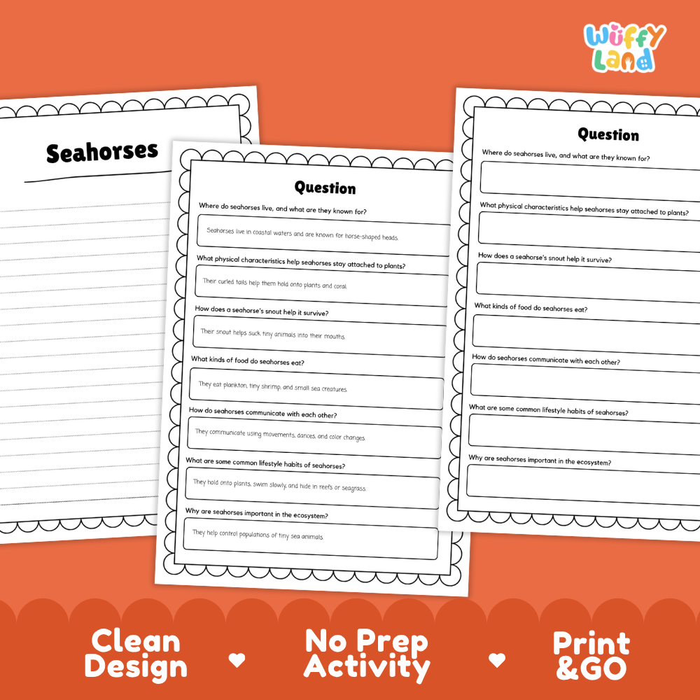 Seahorse Reading Passage and Comprehension Questions with Answer Key Worksheets