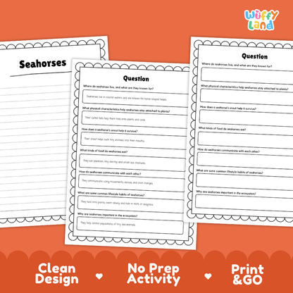Seahorse Reading Passage and Comprehension Questions with Answer Key Worksheets