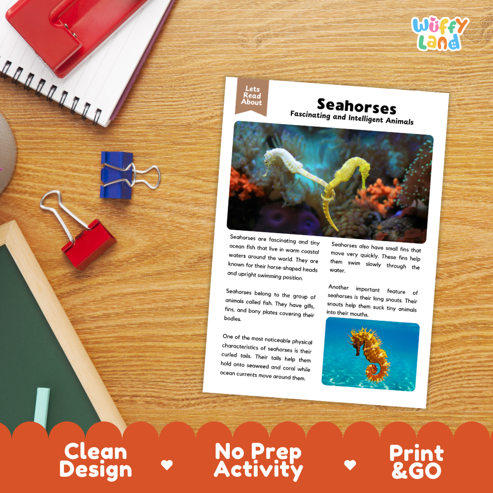 An educational reading activity sheet about Seahorses, displayed on a wooden desk with school supplies like a spiral notebook, binder clips, and a red notebook. The sheet features text and two seahorse photos, with a decorative orange banner at the bottom highlighting product features.