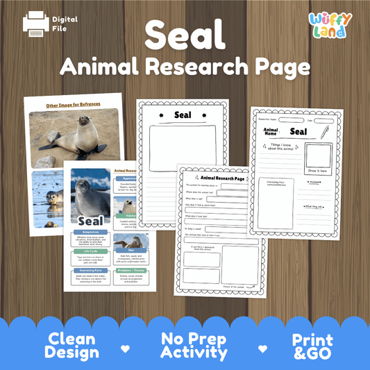 Digital printable activity sheet set titled 'Seal Animal Research Page' on a wood background, showing sample worksheet pages and reference cards with seal photos. Brand logo 'Wiffly Land' appears in the top right, and marketing text at the bottom reads 'Clean Design', 'No Prep Activity', and 'Print & GO'.