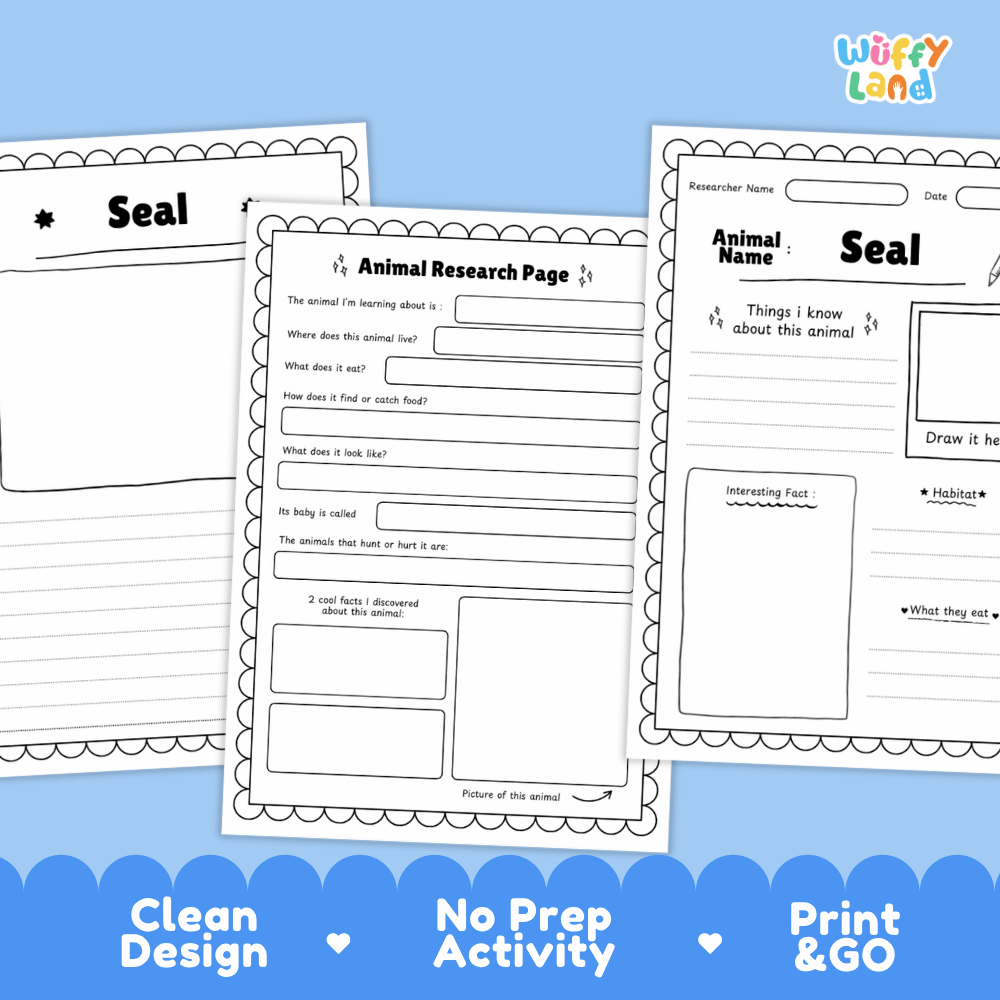 Three printable animal research activity sheets for seals are displayed on a light blue background with promotional text at the bottom. The sheets are black and white with writing fields, headings, and a small Wiffy Land logo in the top right corner.