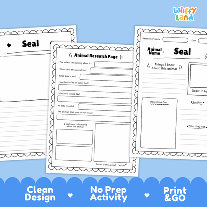 Three printable animal research activity sheets for seals are displayed on a light blue background with promotional text at the bottom. The sheets are black and white with writing fields, headings, and a small Wiffy Land logo in the top right corner.
