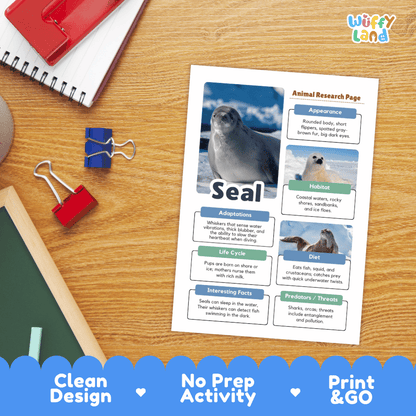 An educational animal research page about a seal printed on a white sheet, placed on a wooden desk with school supplies around it. The page includes a large seal photo and labeled text boxes.