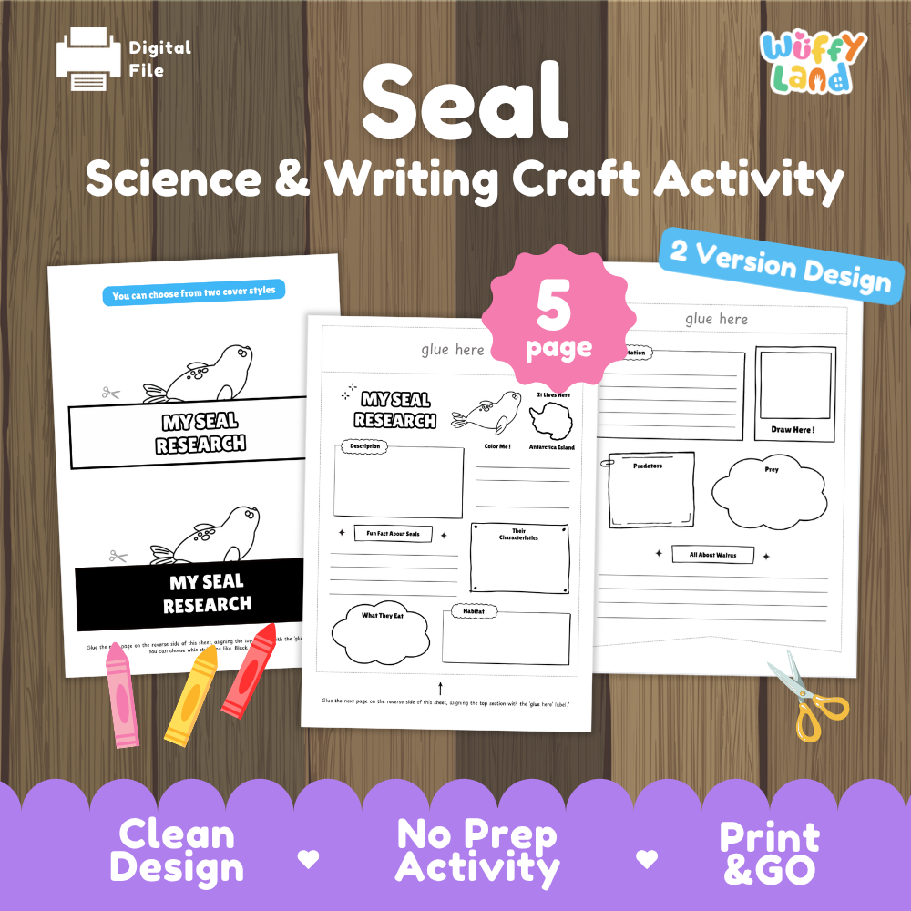 Digital download activity sheet set titled 'Seal Science & Writing Craft Activity' by Wiffly Land, shown on a wood background with sample printable pages, a pink '5 page' badge, and feature banners at the bottom.