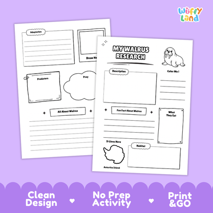 Two printable activity sheets for learning about walruses, shown on a lavender background with the Wiffy Land logo in the top right and marketing text along the bottom: 'Clean Design', 'No Prep Activity', and 'Print & Go'. The sheets contain black outline boxes and labels for writing, drawing, and coloring about walruses.