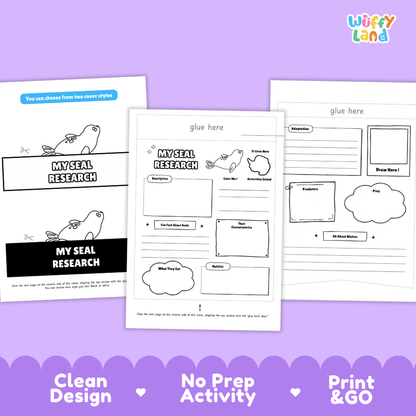 Three printable activity sheets for a seal research project are shown on a lavender background. The center sheet is blank with text boxes labeled 'glue here' and sections for description, date, place, questions, and a cloud box.