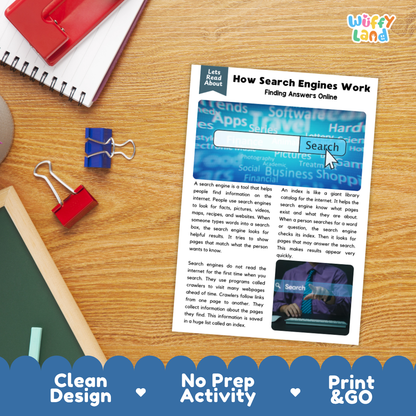 Printable student worksheet with short-answer reading comprehension questions covering search engines and digital literacy